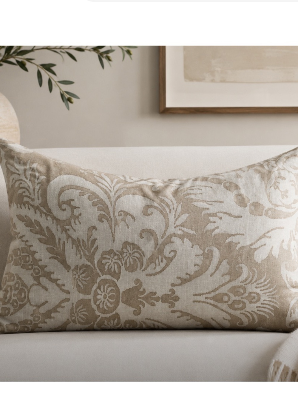 POTTERY BARN Damask Printed Lumbar Pillow cover neutral ivory 26”x16” NWOT